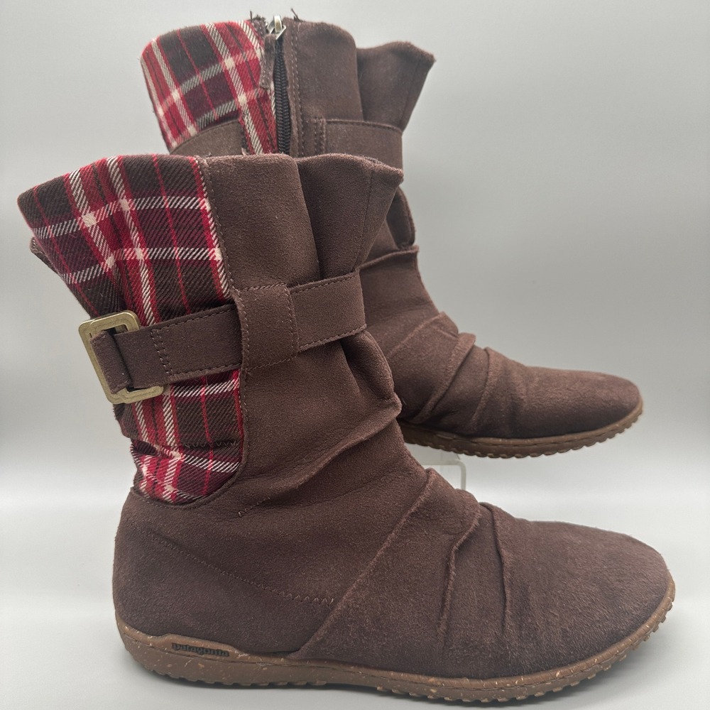 Patagonia Espresso Plaid Mid Calf Boots‎ Womens 9 Brown Suede Buckle Slouchy